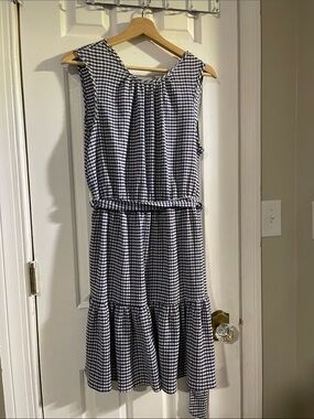 DKNY Navy and White Gingham Sleeveless Midi Dress